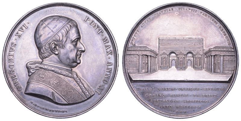 STATO PONTIFICIO. GREGORIO XVI (Bartolomeo Alberto Cappellari), 1831-1846. Medaglia annuale in argento 1841/A. XI. Restauri effettuati a Porta Maggiore a Roma.  - Auction Numismatics - Cambi Casa d'Aste