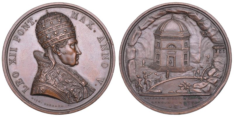 STATO PONTIFICIO. LEONE XII (Annibale Sermattei della Genga), 1823-1829. Medaglia annuale in bronzo A. V (1828). Erezione della cappella della Genga nelle grotte di Monte Gingo.  - Asta Numismatica - Cambi Casa d'Aste