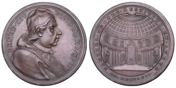 STATO PONTIFICIO. BENEDETTO XIV (Prospero Lorenzo Lambertini), 1740-1758. Medaglia annuale in bronzo 1757/A. XVII. I restauri del Pantheon.