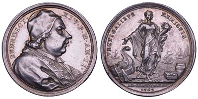 Hamerani, Medaglia annuale in argento di Benedetto XIV per il 1742 (con busto e porto di Civitave...