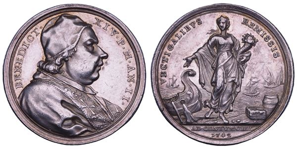 STATO PONTIFICIO. BENEDETTO XIV (Prospero Lorenzo Lambertini), 1740-1758. Medaglia annuale in argento 1742/A. II. Privilegi concessi al Porto di Civitavecchia.