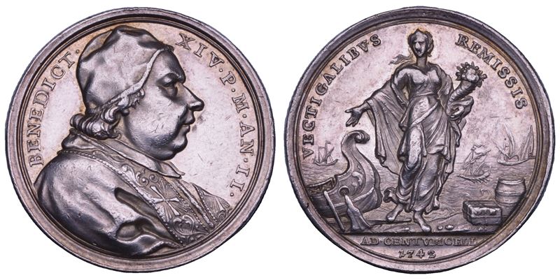 STATO PONTIFICIO. BENEDETTO XIV (Prospero Lorenzo Lambertini), 1740-1758. Medaglia annuale in argento 1742/A. II. Privilegi concessi al Porto di Civitavecchia.  - Auction Numismatics - Cambi Casa d'Aste