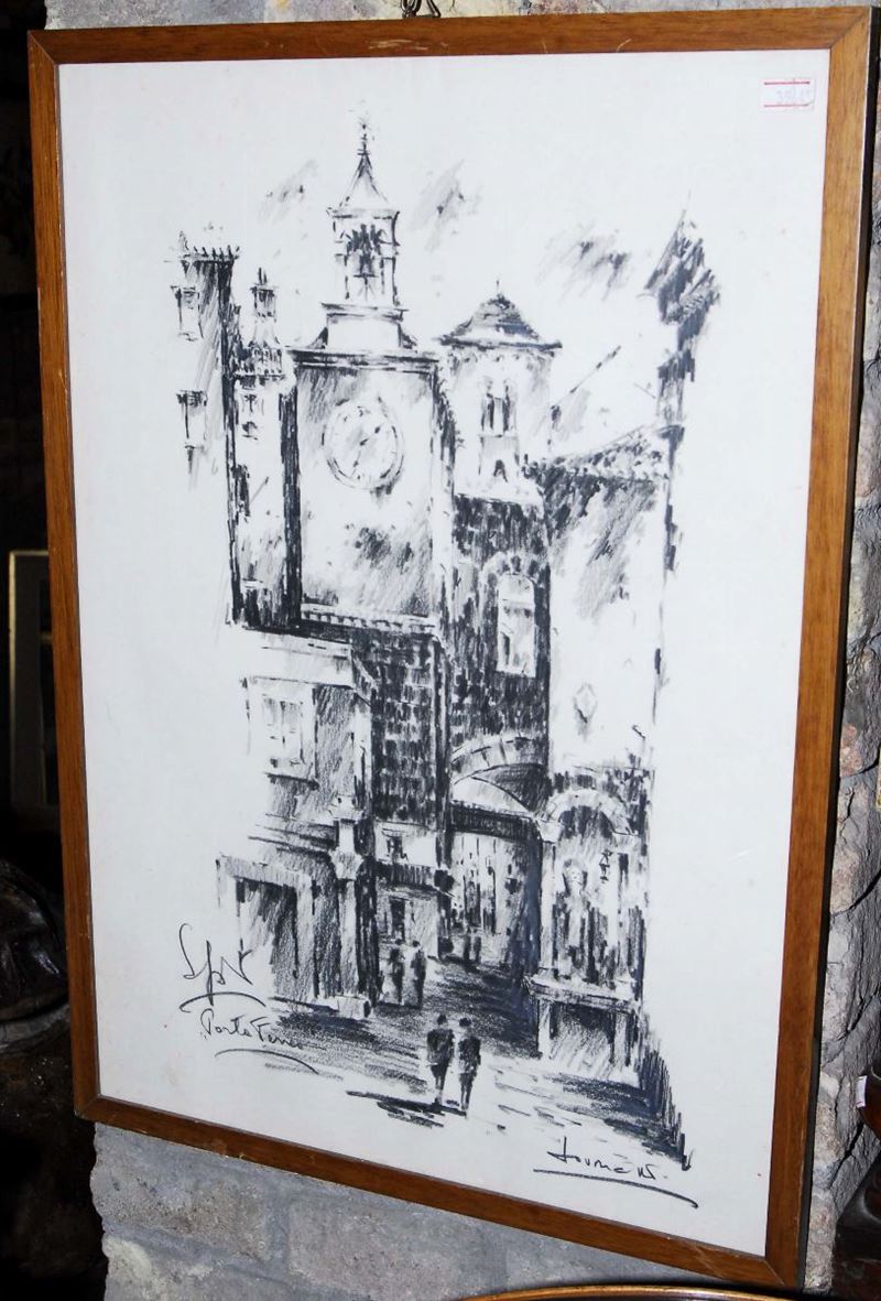 Carboncino in cornice raffigurante Porta Ferrea - Split  - Asta Antiquariato, Argenti e Dipinti Antichi - Cambi Casa d'Aste