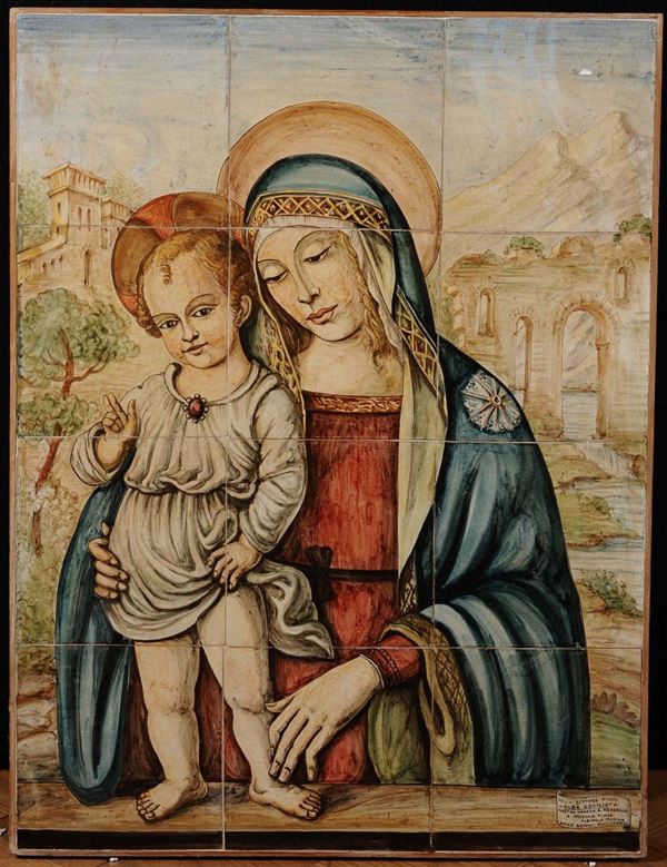 Pannello di piastrelle con dipinto raffigurante Madonna
