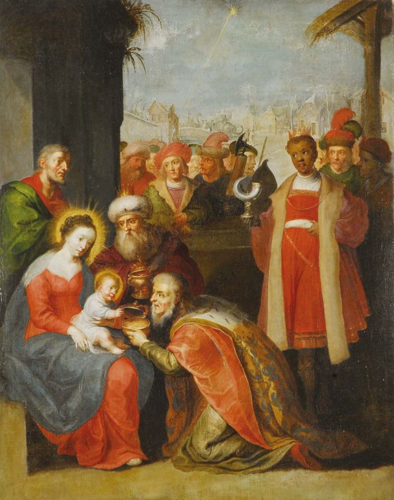Scuola Olandese del XVII secolo Adorazione dei Magi  - Asta Antiquariato e Dipinti Antichi - II - Cambi Casa d'Aste