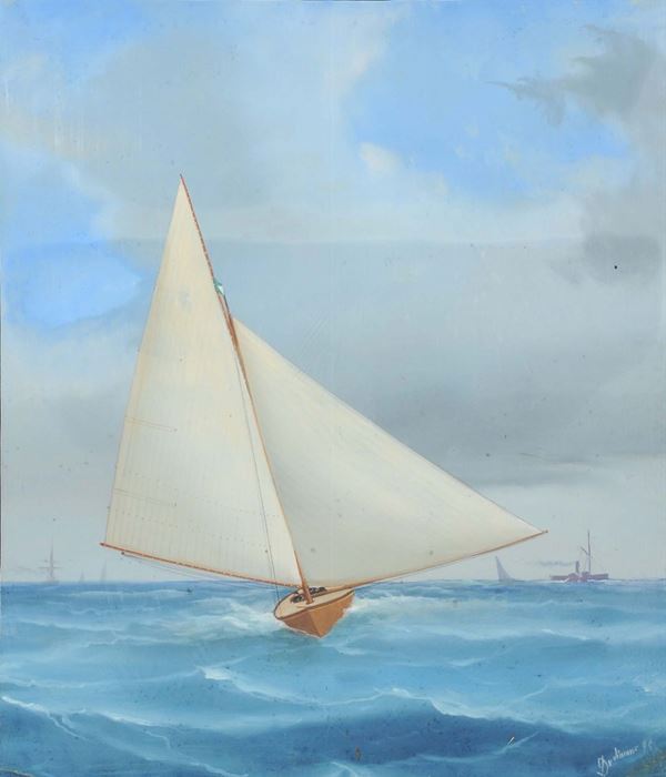 Antonio De Simone (attivo 1880-1920) Ritratto di barca da regata in navigazione