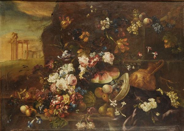 Michele Antonio Rapous (1733-1819) Coppia di nature morte con vaso di fiori entro paesaggio