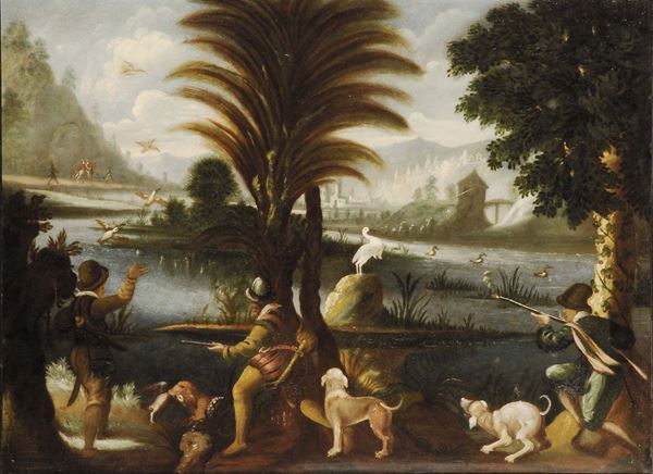 Scuola Fiamminga del XVIII secolo Scena di caccia in paesaggio lacustre