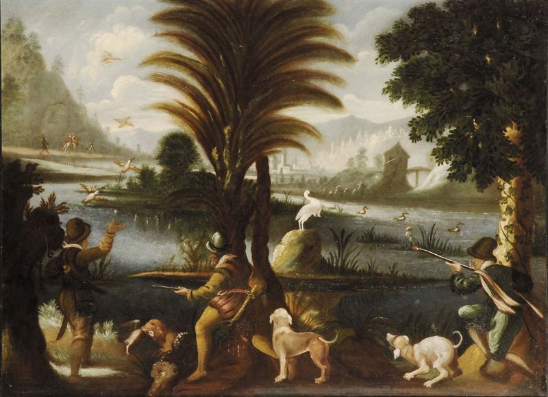 Scuola Fiamminga del XVIII secolo Scena di caccia in paesaggio lacustre  - Asta Antiquariato e Dipinti Antichi - Cambi Casa d'Aste