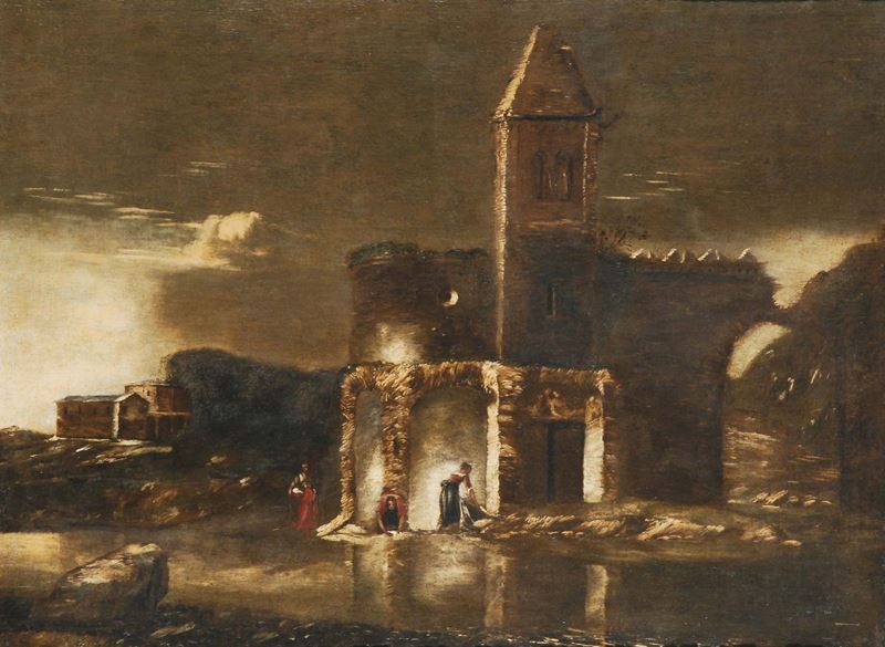 Antonio Travi detto Il Sestri (Sestri Ponente 1608 - Genova 1665), bottega di Lavandaie con architetture  - Asta Dipinti Antichi - Cambi Casa d'Aste
