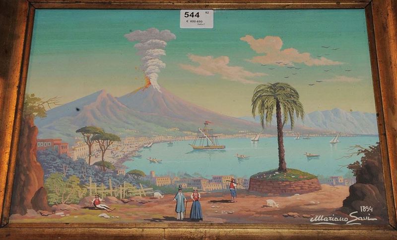 Scuola Napoletana del XIX secolo Veduta di Napoli col Vesuvio  - Asta Antiquariato, Affidamenti da raffinate dimore private - Cambi Casa d'Aste