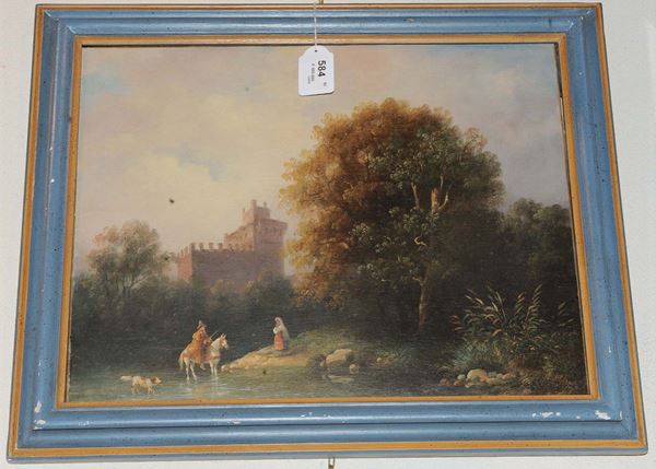 Scuola del XIX secolo Paesaggio con fiume e cavaliere