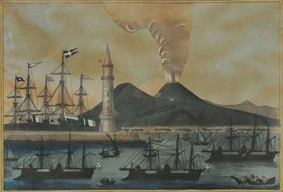 Incisione Acquerellata, XIX Secoloveduta di Napoli
