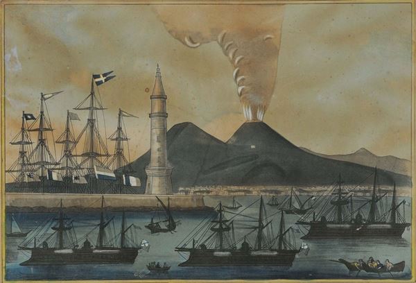 Incisione acquerellata, XIX secolo Veduta di Napoli