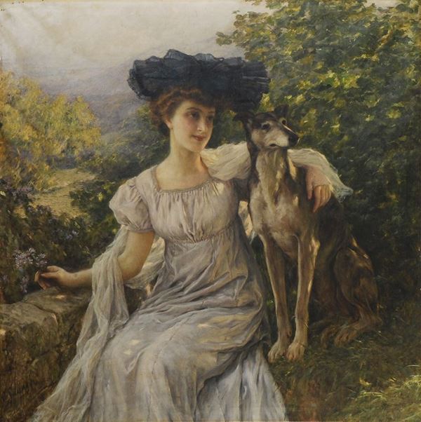 Cesare Saccaggi (1868-1934) Dama con levriero