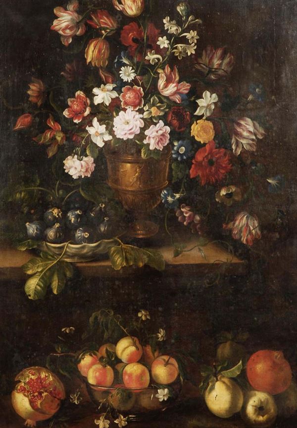 Scuola della fine del XIX secolo Coppia di nature morte con fiori e frutta