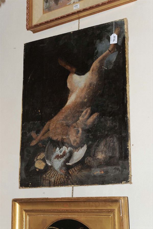 Anonimo del XX secolo Natura morta con coniglio e volatili