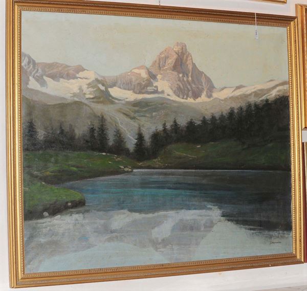 Filippo Massaro (1900-?) Paesaggio montano con lago
