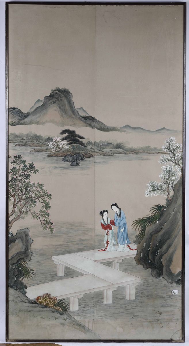 Pannello giapponese raffigurante paesaggio con figure  - Auction Antiques III - Timed Auction - Cambi Casa d'Aste