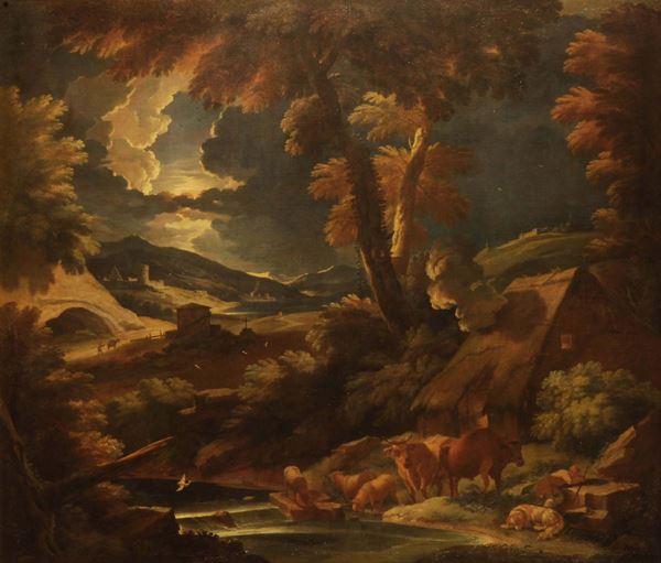 Pieter Muller detto il Cavalier Tempesta (1637-1701) Paesaggio con figure e animali