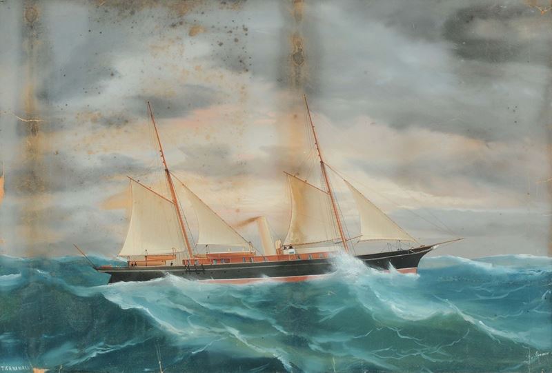Antonio De Simone (1851-1907) Ritratto dello steam yacht Tighnamara in mare aperto  - Asta Arte Marinara e Strumenti Scientifici - II - Cambi Casa d'Aste