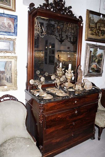 Cassettone in Mogano a Quattro Cassetti con Specchiera, XIX Secolo