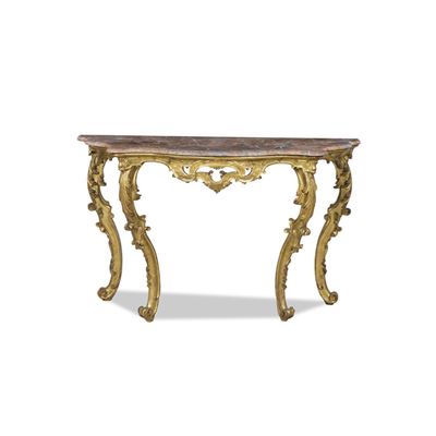 Console in stile Luigi XV, legno intagliato e dorato con piano in marmo sagomato, XVIII secolo