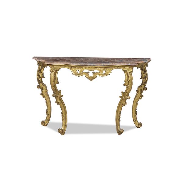 Console Luigi XV in legno intagliato e dorato, XVIII secolo