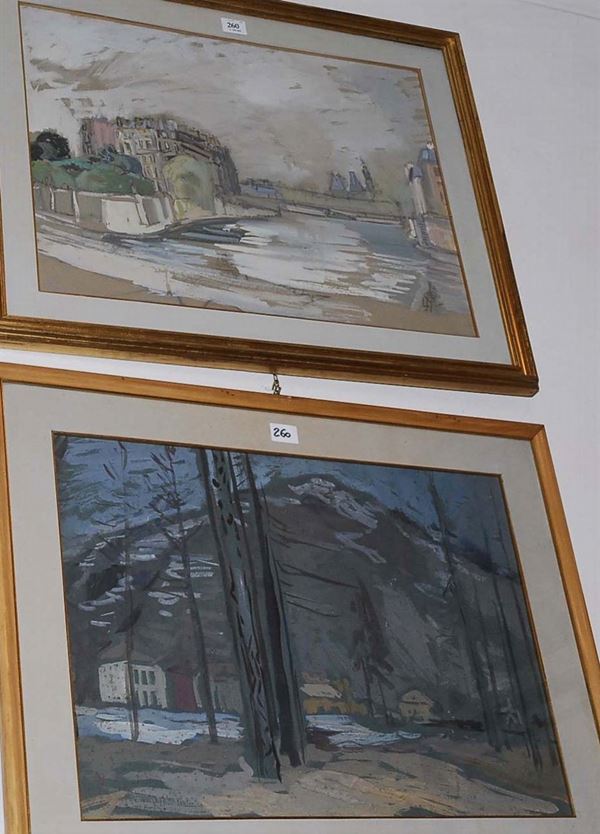 Coppia di tempere con paesaggi su tavolette