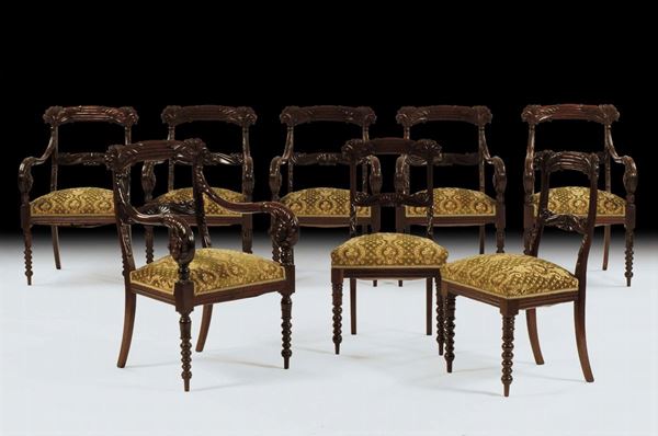 Sei poltrone e due sedie in mogano Carlo X, Genova XIX secolo