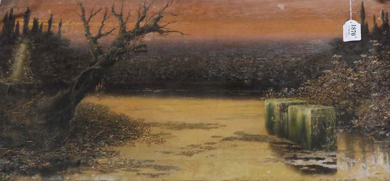 Enrique Serra (1859-1918), attribuito a Paesaggio lacustre  - Asta Antiquariato, Argenti e Dipinti Antichi - Cambi Casa d'Aste