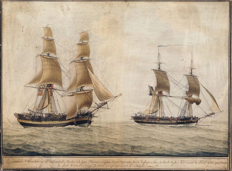Nicolas Camilleri (1762-1860) Brigantini in navigazione lungo la costa africana, 1800  - Auction Maritime Art and Scientific Instruments - Cambi Casa d'Aste