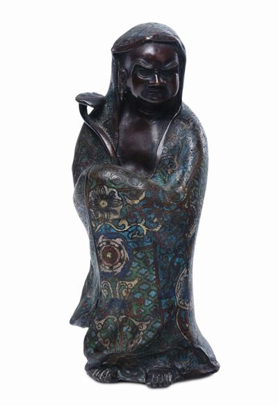Figura di Saggio in Bronzo Parzialmente Smaltato, Cina XIX Secolo