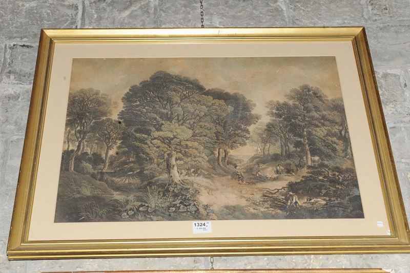 Stampa acquarellata raffigurante paesaggio con figure  - Auction Antiquariato, Argenti e Dipinti Antichi - Cambi Casa d'Aste