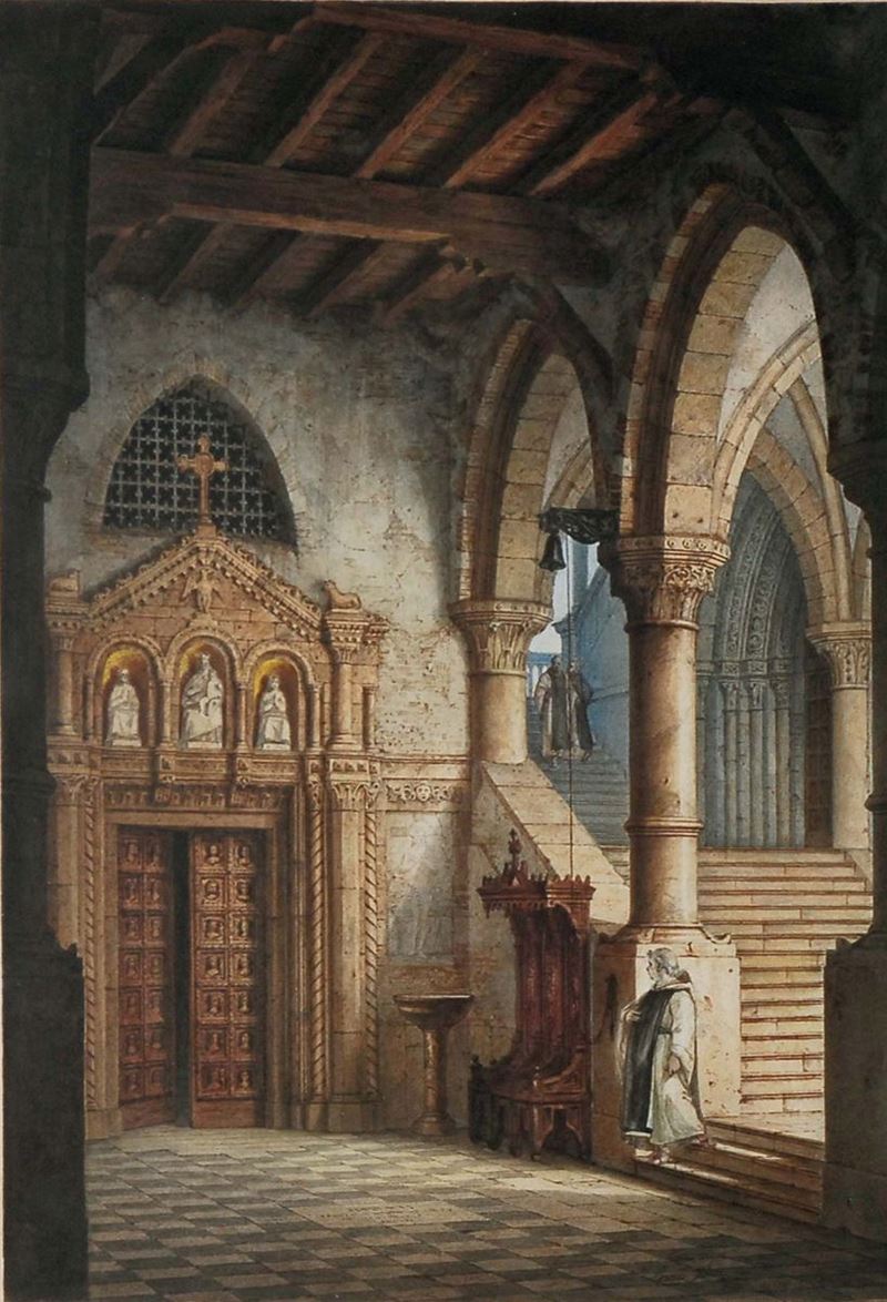 Augusto Lovati (1816-?) Interno di chiesa con monaci  - Asta Antiquariato e Dipinti Antichi - Cambi Casa d'Aste