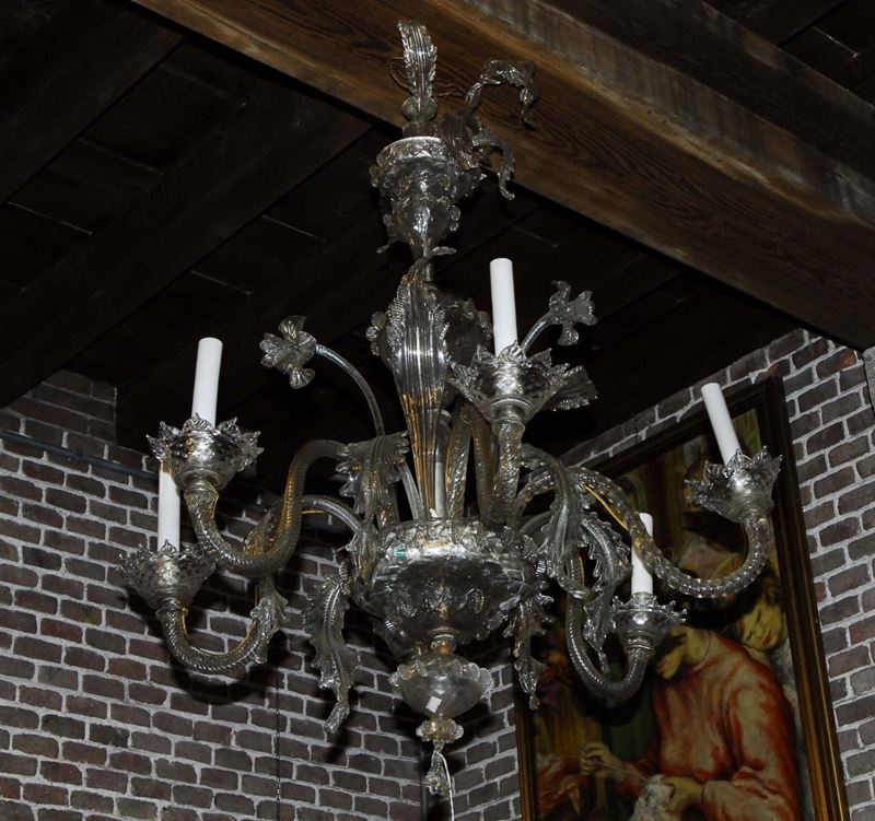 Lampadario in vetro di Murano a sei luci, fine XIX secolo  - Asta Antiquariato, Argenti e Dipinti Antichi - Cambi Casa d'Aste