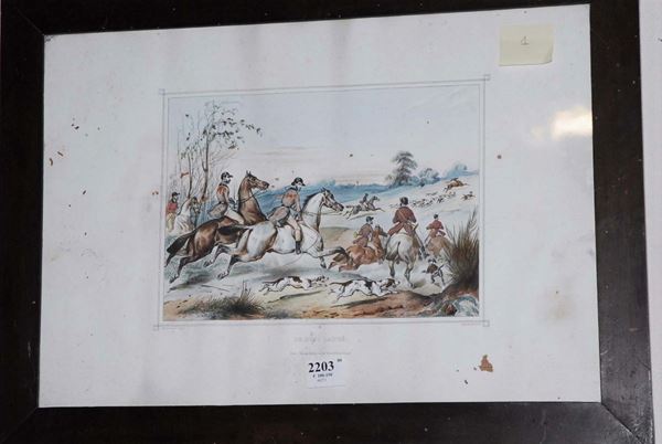 Litografia francese con scena di caccia al cervo