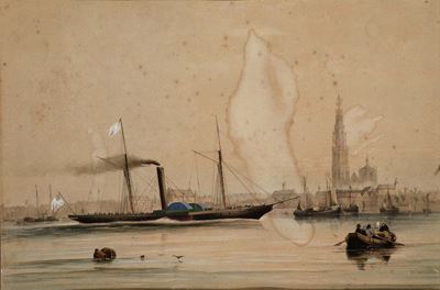 Ritratto di Steam Yacht Battente Bandiera Inglese Davanti a Cittˆ del Nord Europa
