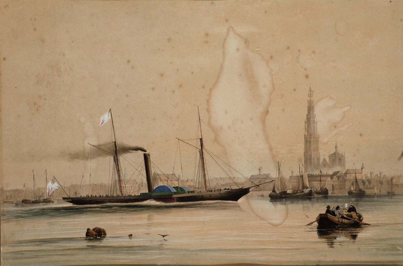Ritratto di steam yacht battente bandiera inglese davanti a città del nord Europa  - Auction Antique and Old Masters - Cambi Casa d'Aste