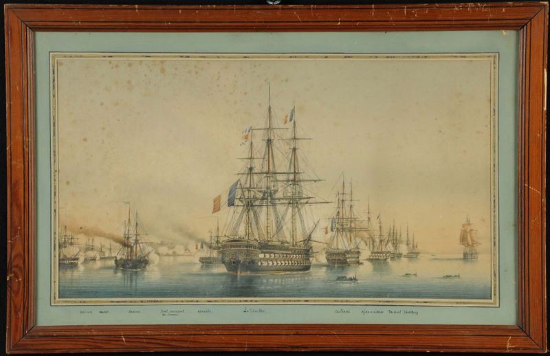 Stampa acquerellata di fine XIX secolo Attacco di vascelli della marina francese  - Asta Antiquariato e Dipinti Antichi - Cambi Casa d'Aste