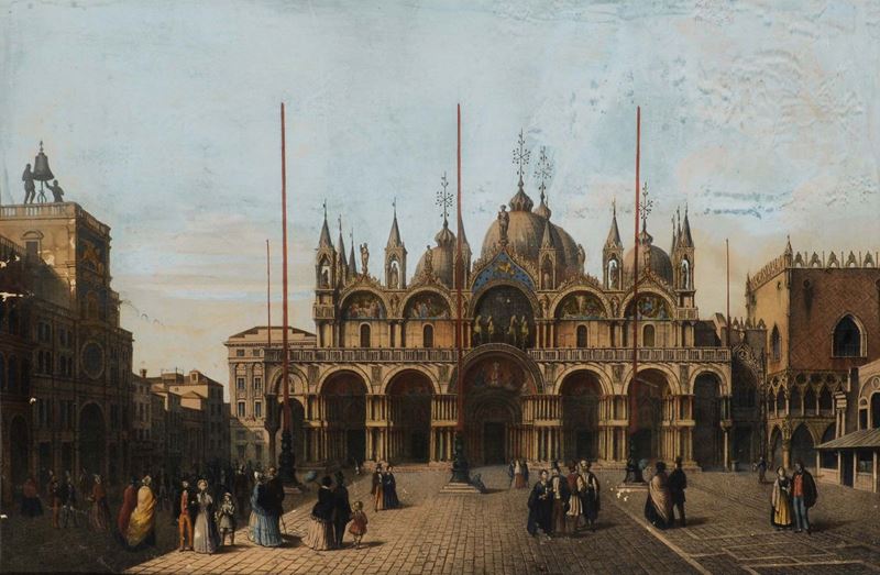 Veduta di piazza San Marco con personaggi  - Auction Antiquariato, Argenti e Dipinti Antichi - Cambi Casa d'Aste