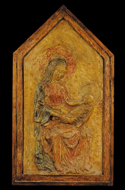 Bassorilievo in Legno Laccato Raffigurante Madonna con Bambino, XIX Secolo
