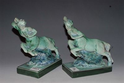 Coppia di Figure di Centauri in Terraglia Smaltata a Monocromia Verde, XX Secolo