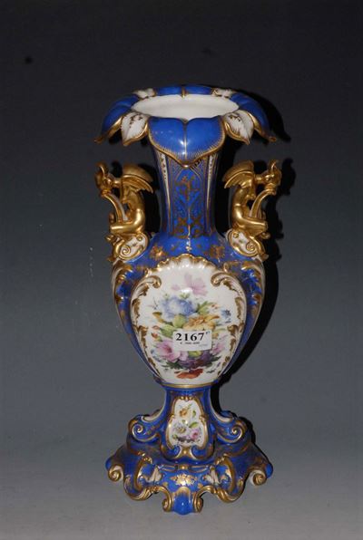 Vaso Luigi Filippo in Porcellana Policroma a Fondo Blu e Oro, XIX Secolo