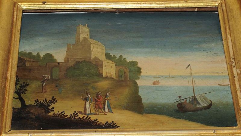 Scuola del XIX secolo Veduta costiera con personaggi  - Auction Antiquariato, Argenti e Dipinti Antichi - Cambi Casa d'Aste