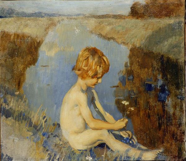 Ettore Tito (1859-1941) Bambino sul canale con margherita