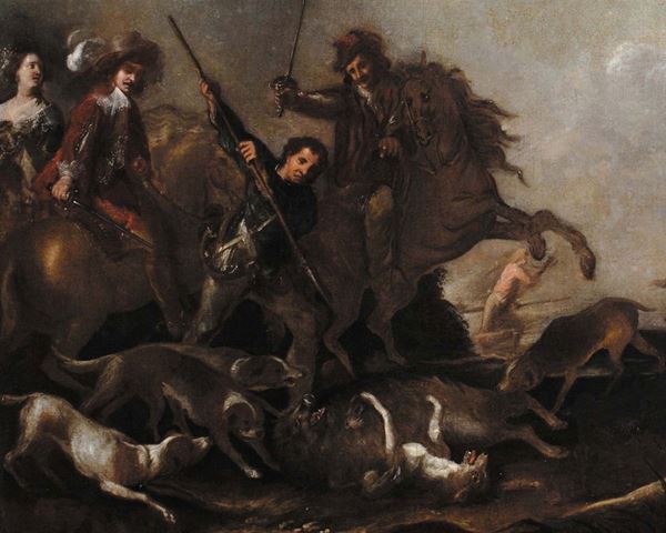 Abraham Hondius (1625-1691): Scena di caccia con cavalieri