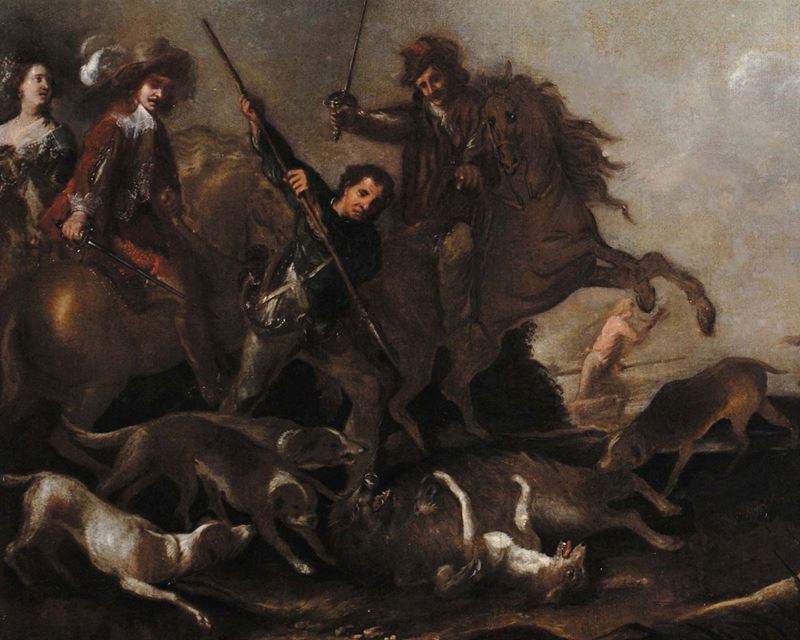 Abraham Hondius (1625-1691): Scena di caccia con cavalieri  - Asta Antiquariato e Dipinti Antichi - Cambi Casa d'Aste