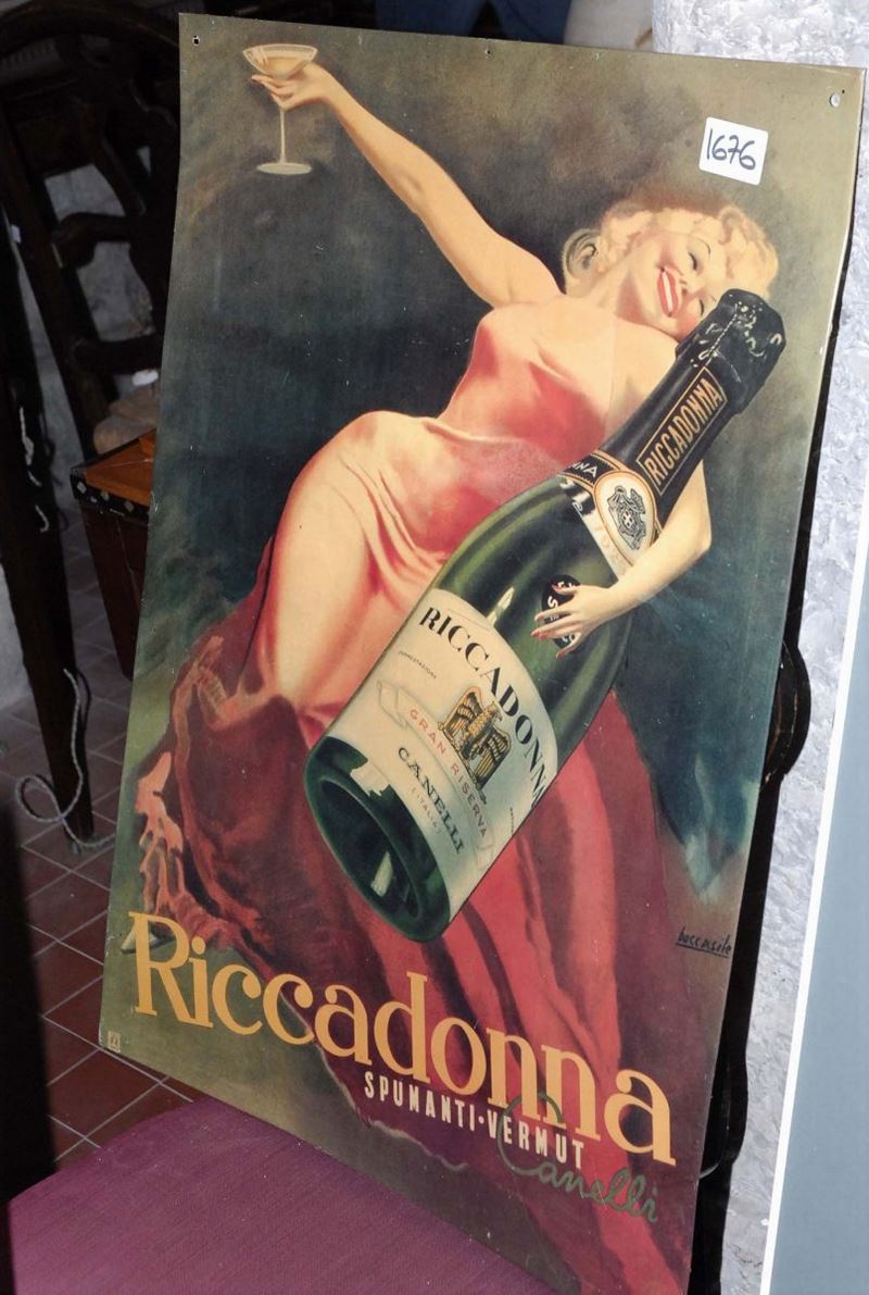 Targa litografica dello spumante Riccadonna e copia manifesto del Novecento italiano  - Asta Antiquariato, Argenti e Dipinti Antichi - Cambi Casa d'Aste