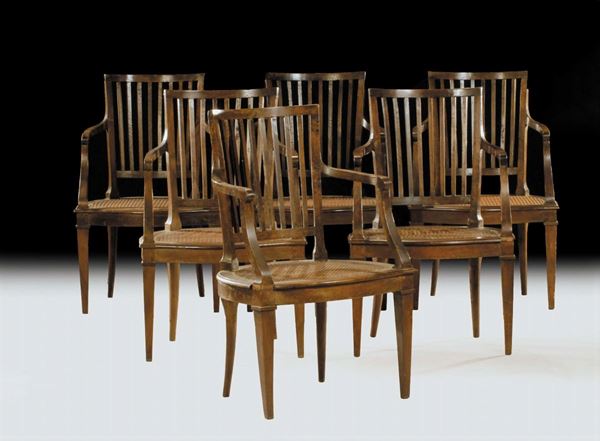 Sei poltrone in noce con paglia di Vienna e schienale a stecche, XIX secolo